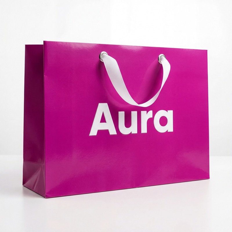 Розовый бумажный пакет с логотипом Aura и тиснением