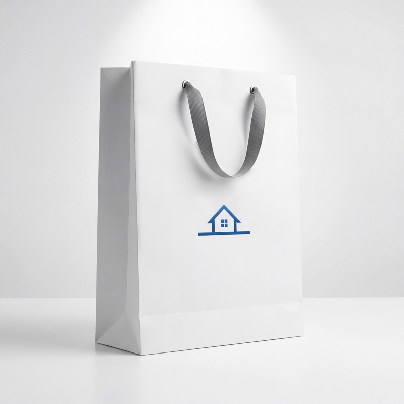 Белый бумажный пакет с логотипом компании