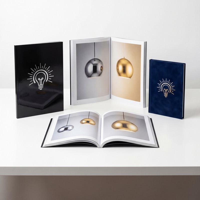Каталоги светильников — чёрный, белый и синий переплёт с тиснением