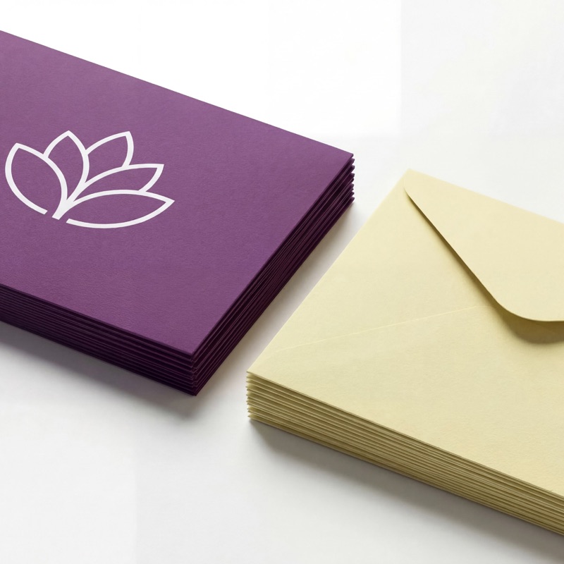 Фирменные конверты с логотипом — фиолетовый и бежевый