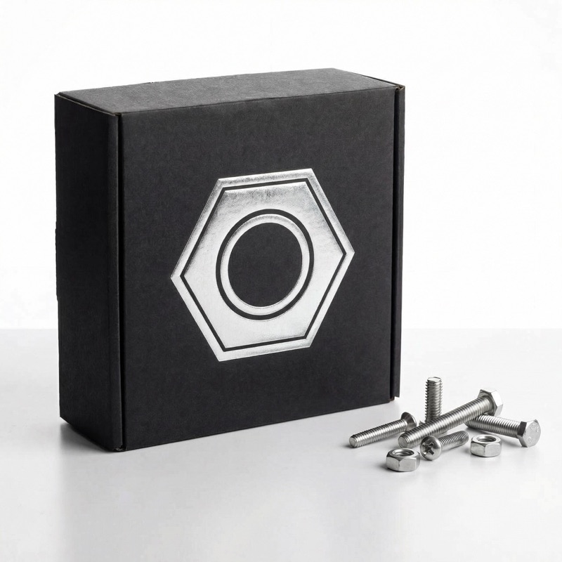 Чёрная вырубная коробка с тиснением — упаковка для метизов