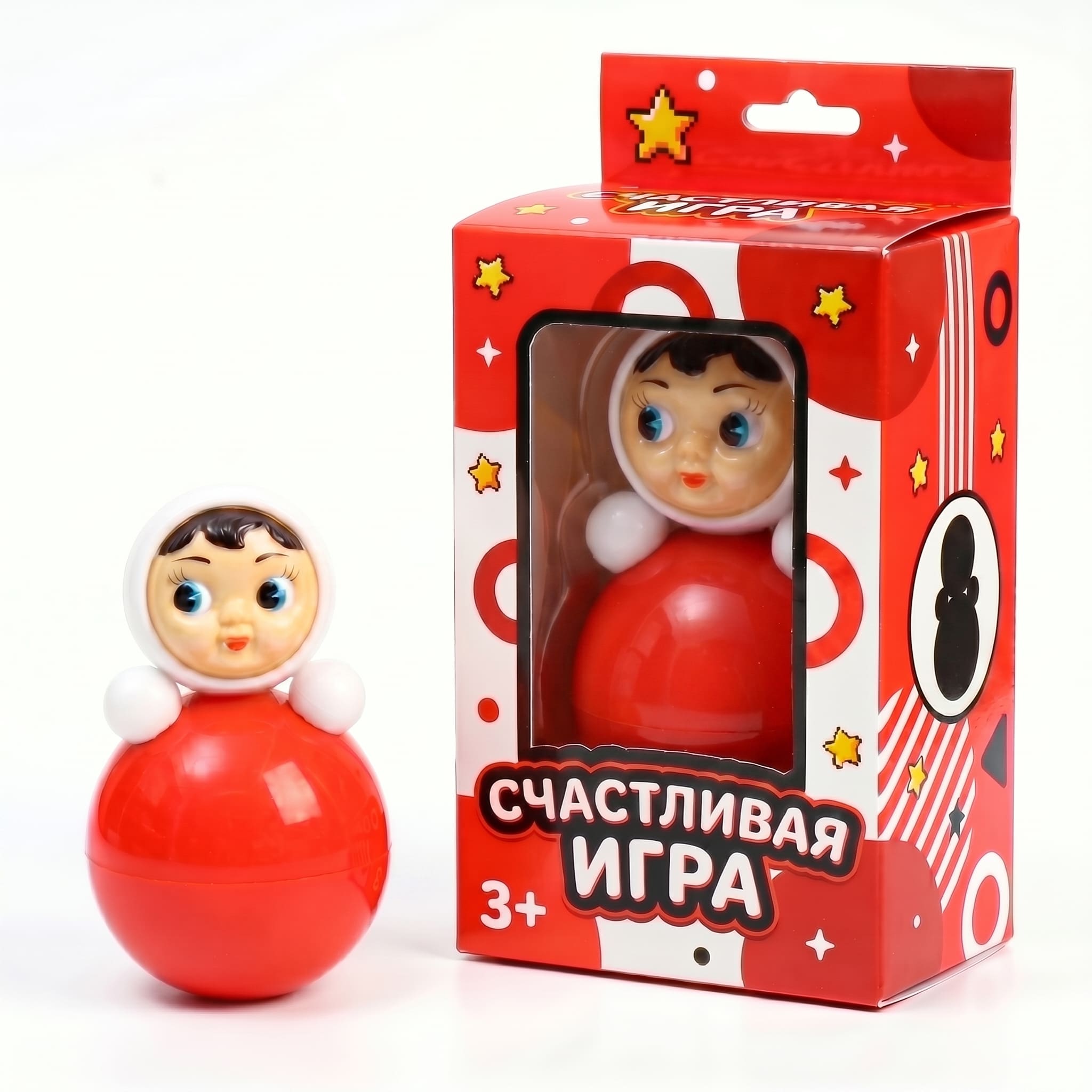 «Счастливая игра» — красная вырубная коробка с окошком под куклу-неваляшку