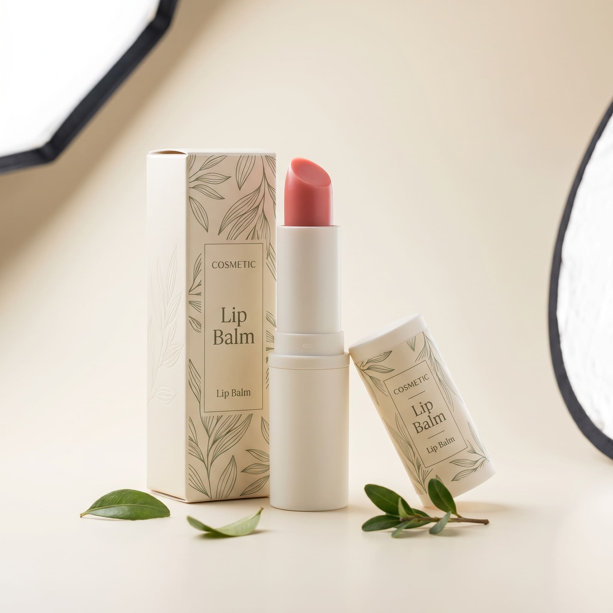 Cosmetic Lip Balm — бежевая вырубная коробка с растительным принтом под бальзам для губ