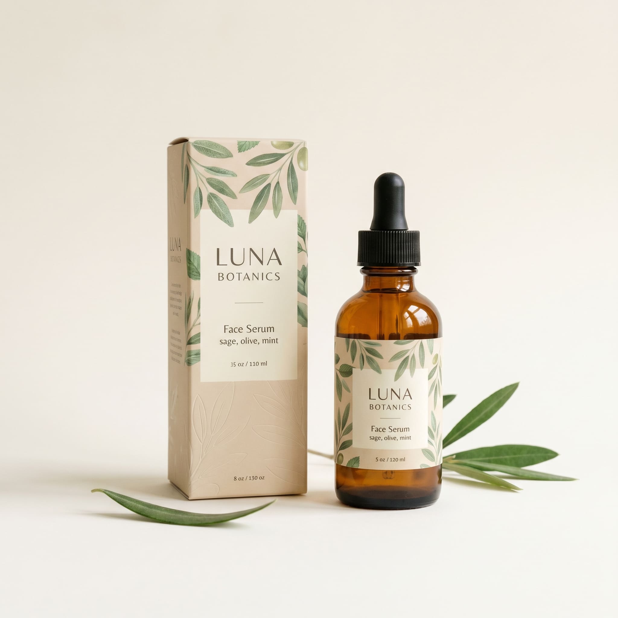 Luna Botanics Face Serum — бежевая вырубная коробка с акварельными листьями под флакон-пипетку