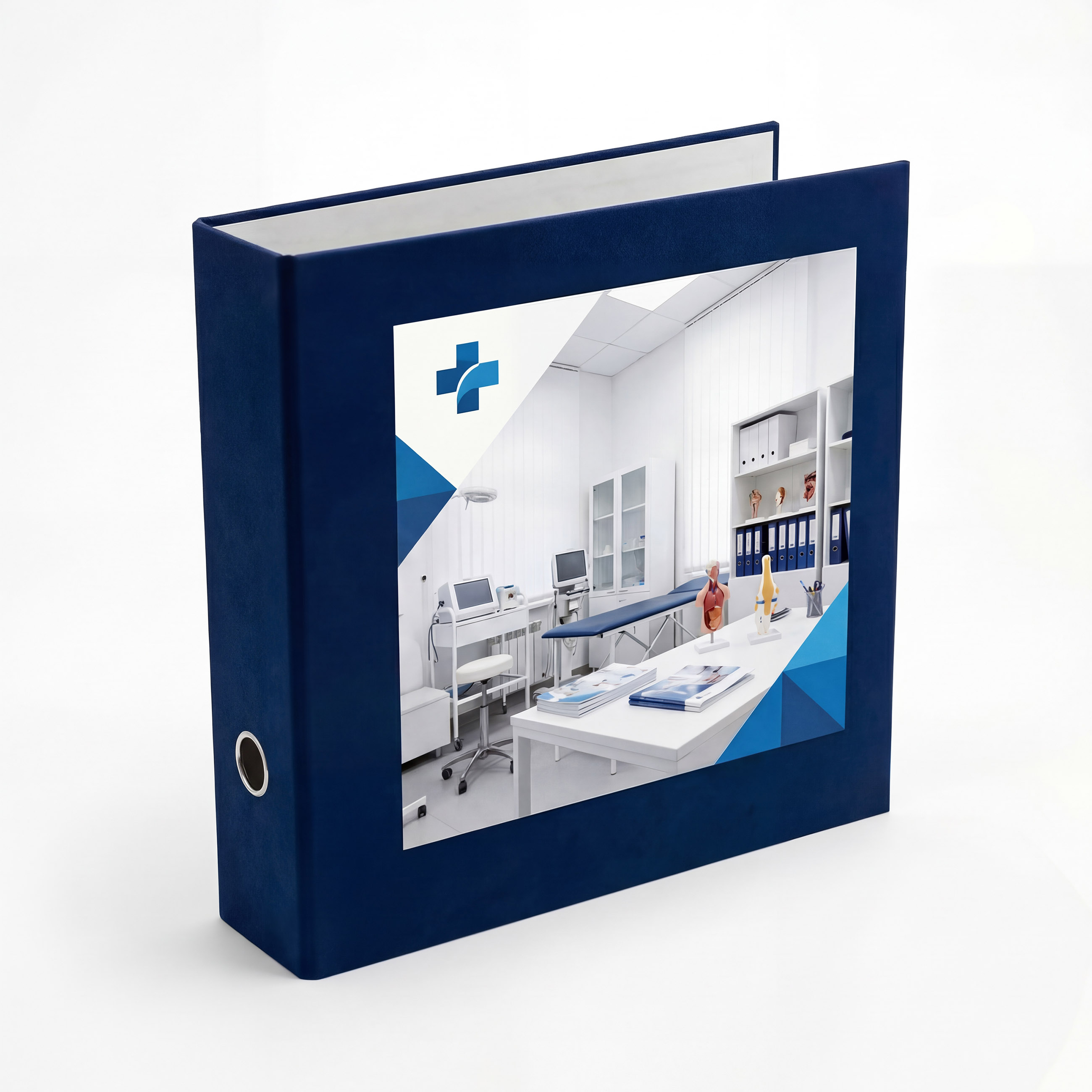 Тёмно-синяя жёсткая папка на кольцах с окном под вкладыш для медицинской клиники