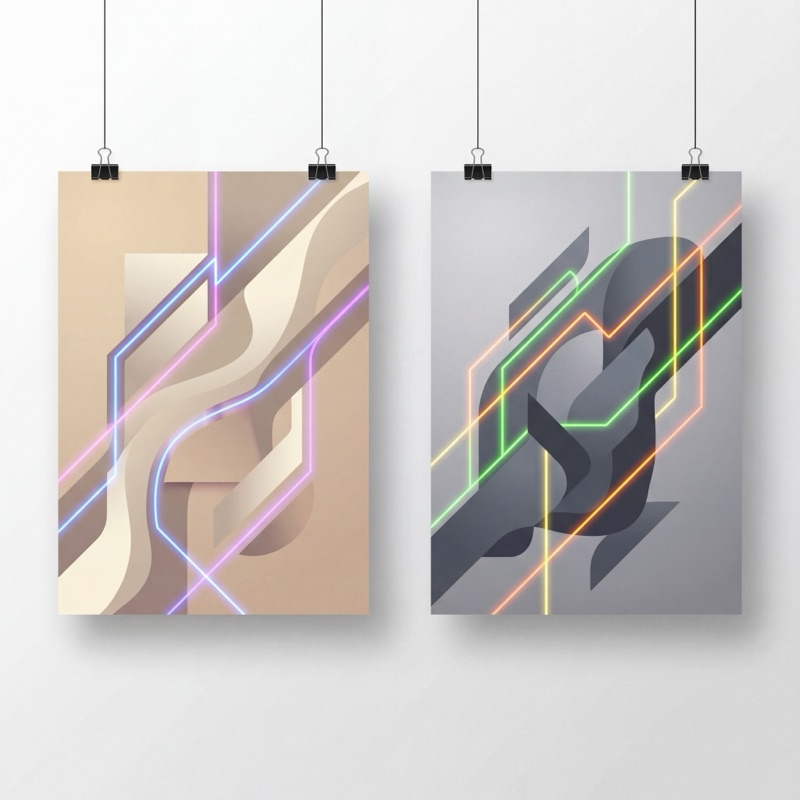 Плакаты с неоновым дизайном — два постера на прищепках