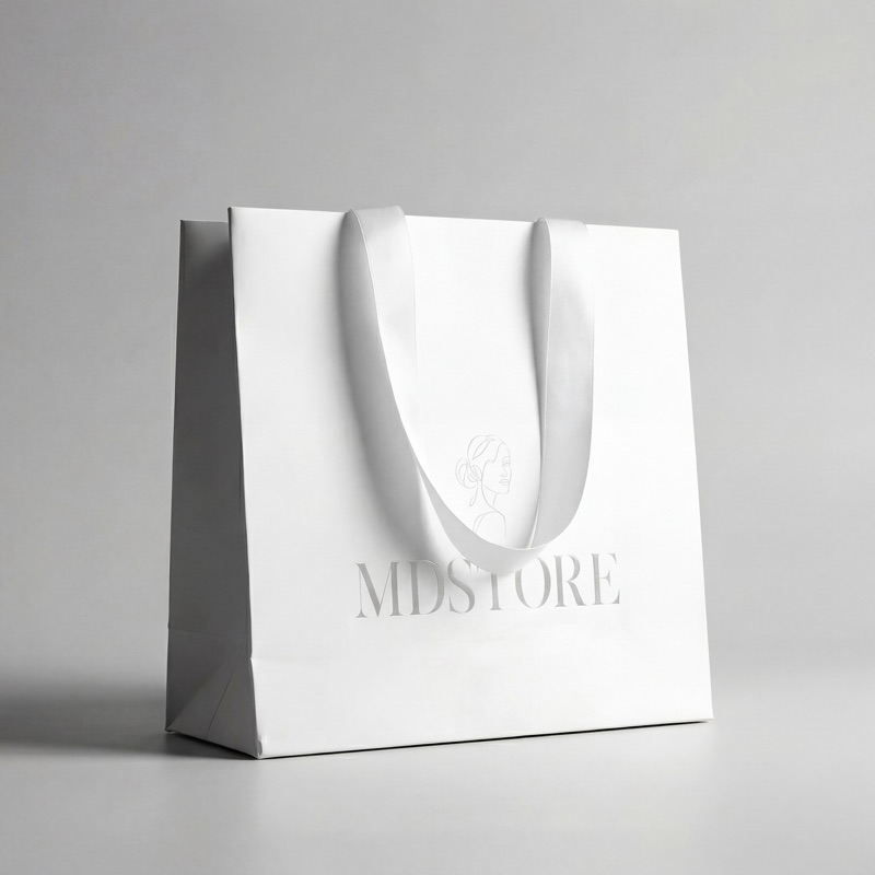 MDStore — белый бумажный пакет с тиснением логотипа