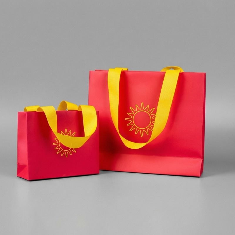 Красные бумажные пакеты двух размеров с жёлтыми ручками и логотипом солнца