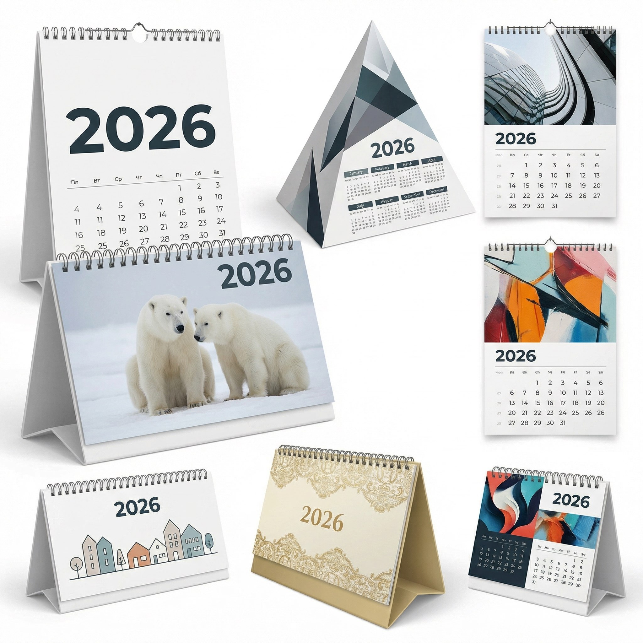 Коллаж настольных календарей 2026 разных форматов и дизайнов