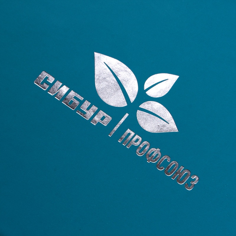 Сибур Профсоюз — крупный план тиснения серебром на бирюзовом фоне