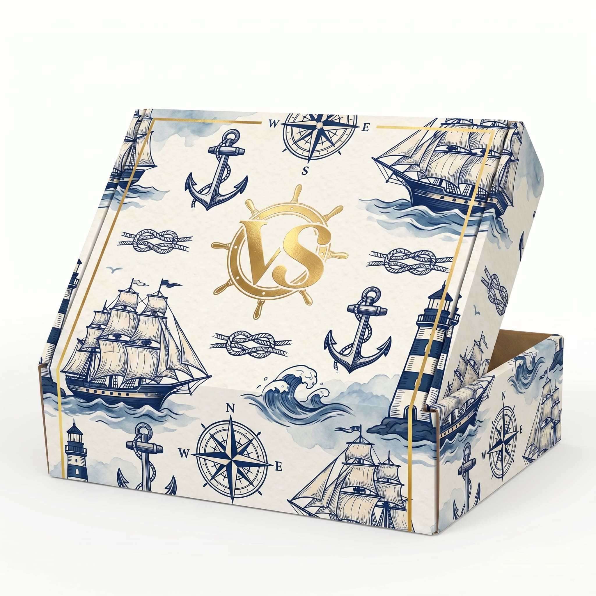 VS — коробка из микрогофрокартона с морским принтом открытая