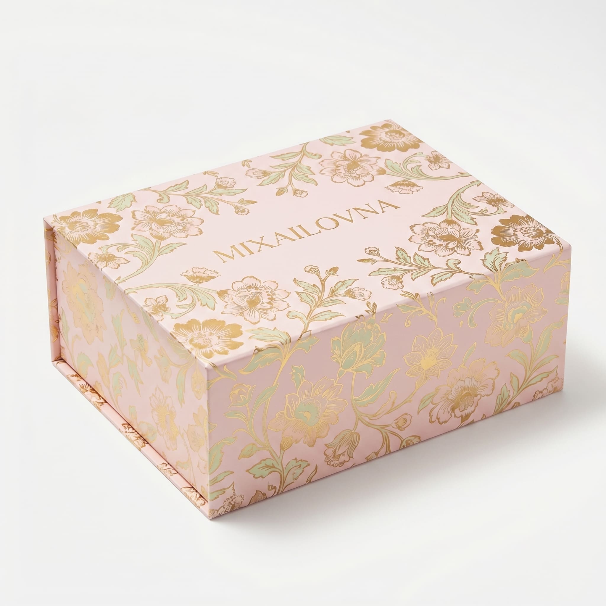 MIXAILOVNA — розовая коробка с магнитом с золотым цветочным принтом