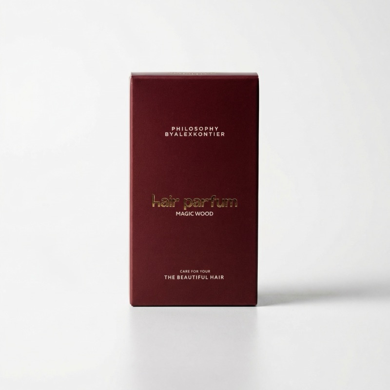 Philosophy ByAlexKontier Hair Parfum Magic Wood — бордовая вырубная коробка с золотым тиснением
