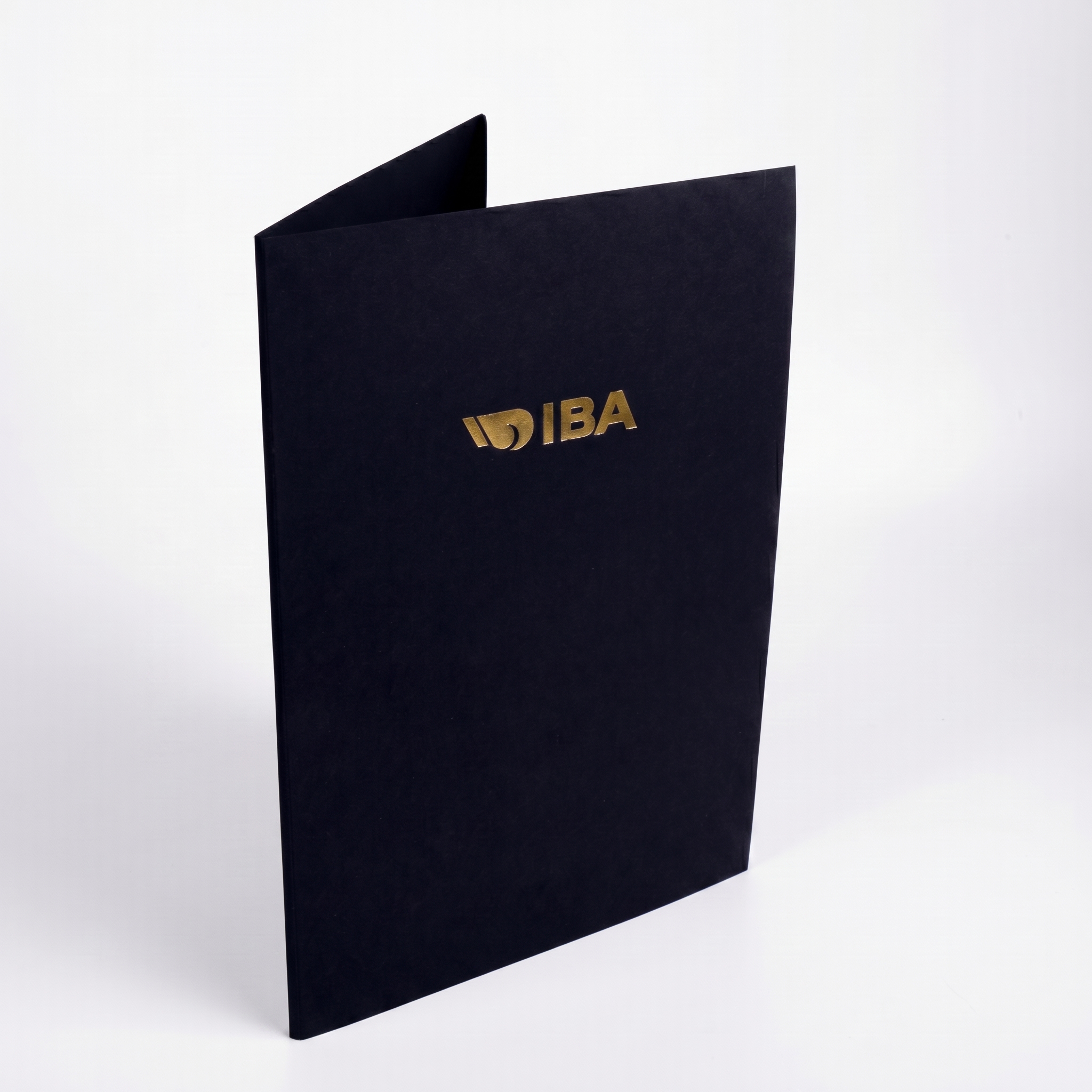 IBA — чёрная папка-вырубка с золотым тиснением логотипа