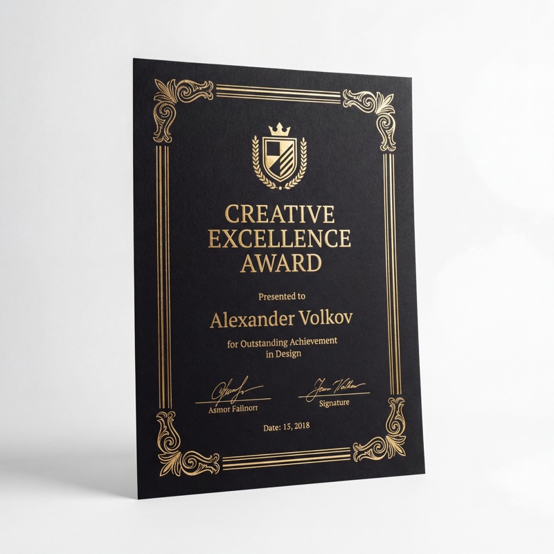 Сертификат Creative Excellence Award — чёрный картон, золотое тиснение