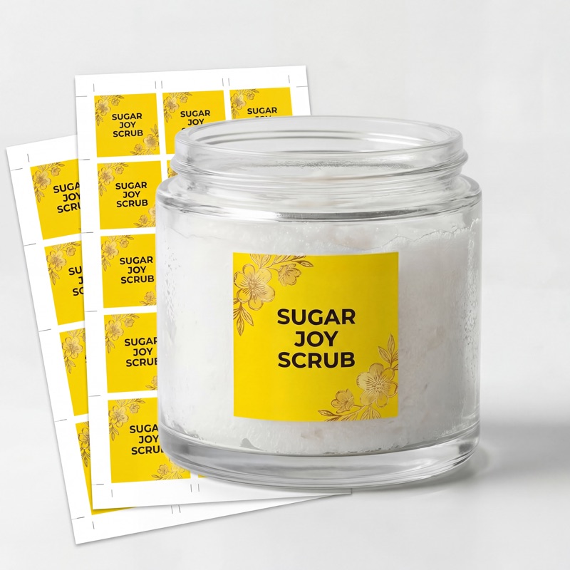 Квадратные стикеры Sugar Joy Scrub на листе и на банке