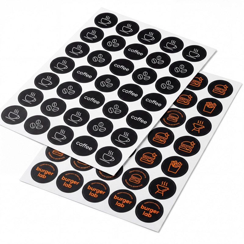 Круглые стикеры для кофейни и бургерной на чёрном фоне